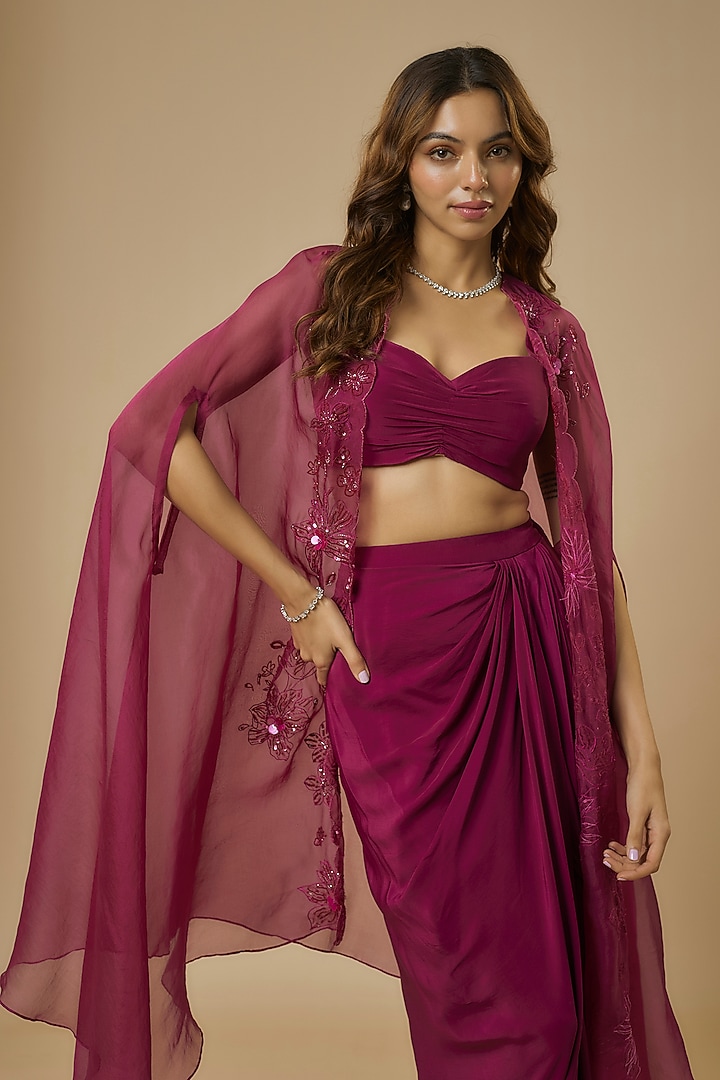 Wine Organza Bead Embroidered Jacket Set by Ewoke at Pernia's Pop Up Shop