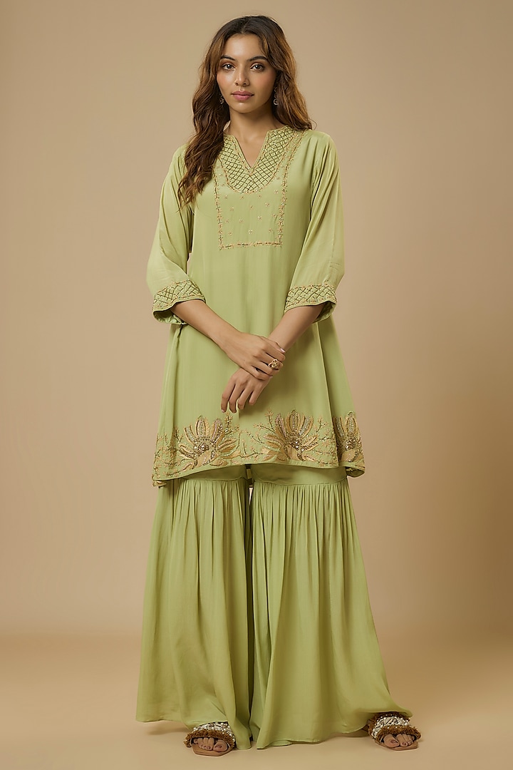 Sage Green Crepe Sharara Set by Ewoke at Pernia's Pop Up Shop