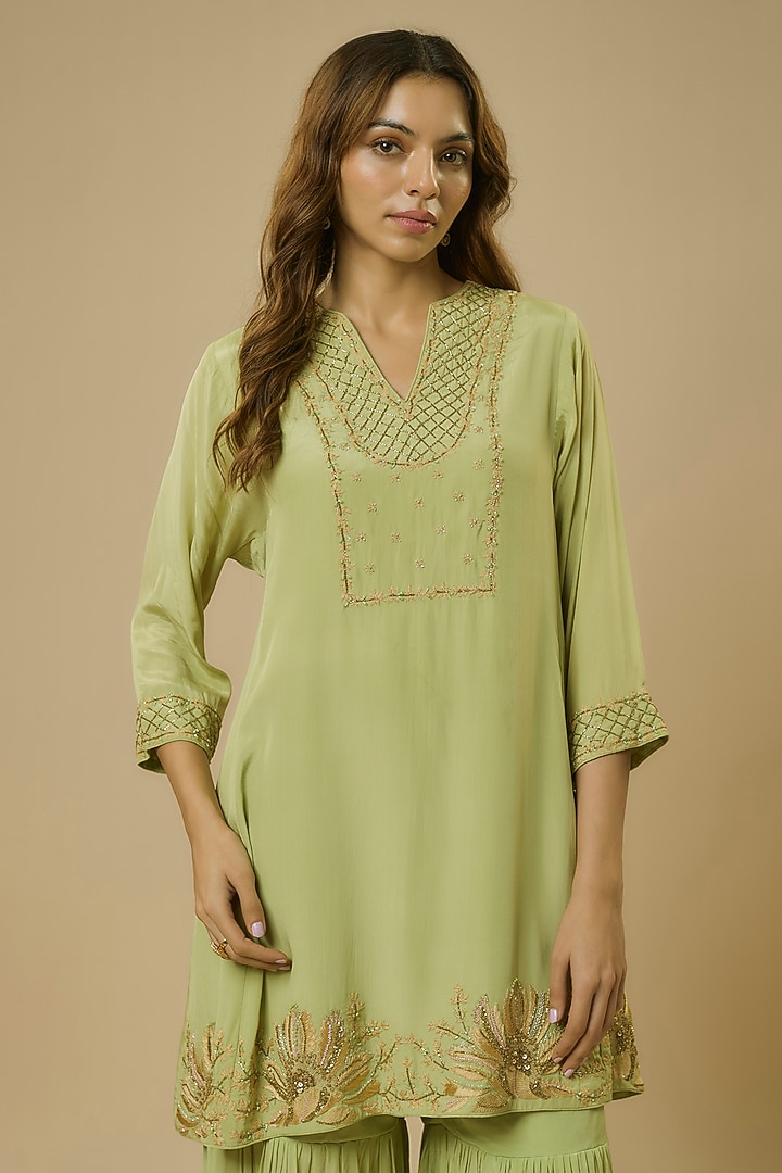 Sage Green Crepe Party Wear Sharara Set by Ewoke at Pernia's Pop Up Shop