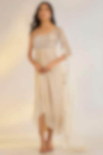 Nude Pink Georgette Satin Glass Bead Hand Embroidered Corset Wedding Gown Saree by Ewoke at Pernia's Pop Up Shop