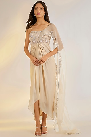 Nude Pink Georgette Satin Glass Bead Hand Embroidered Corset Gown Saree by Ewoke