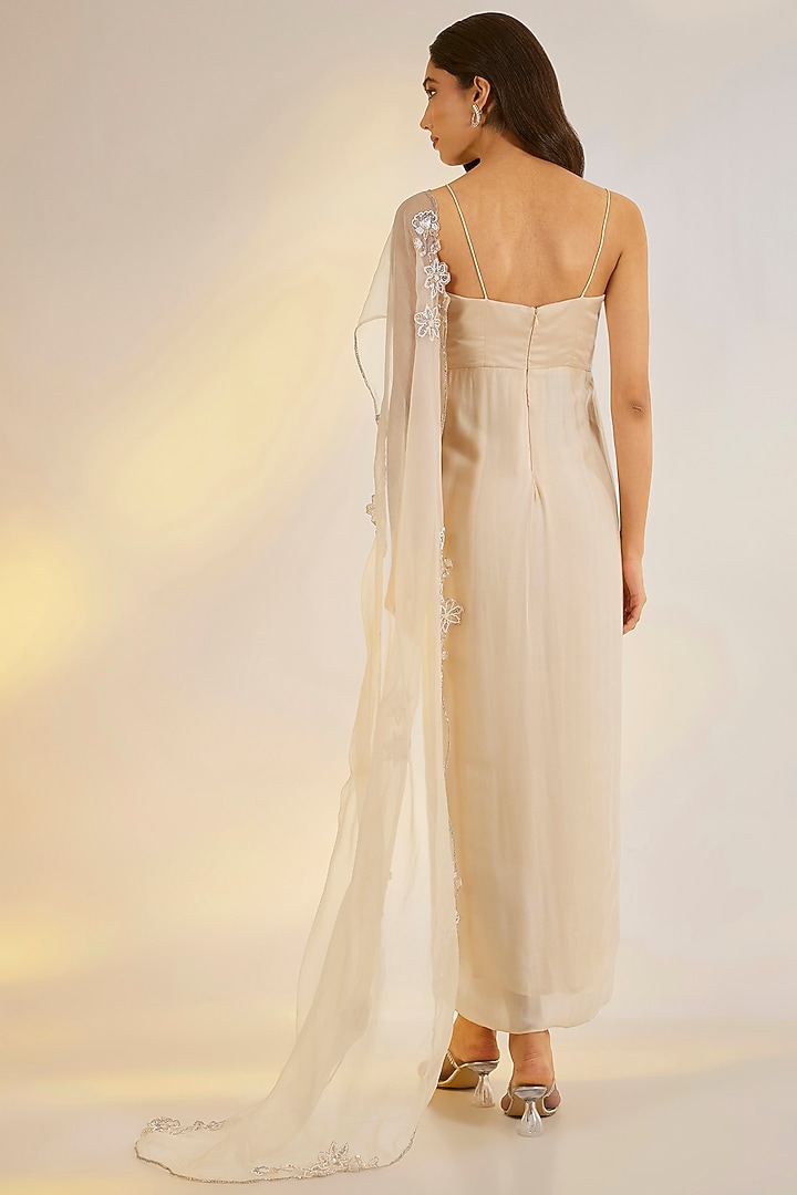Nude Pink Georgette Satin Glass Bead Hand Embroidered Corset Wedding Gown Saree by Ewoke at Pernia's Pop Up Shop