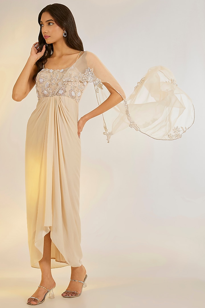 Nude Pink Georgette Satin Glass Bead Hand Embroidered Corset Wedding Gown Saree by Ewoke at Pernia's Pop Up Shop