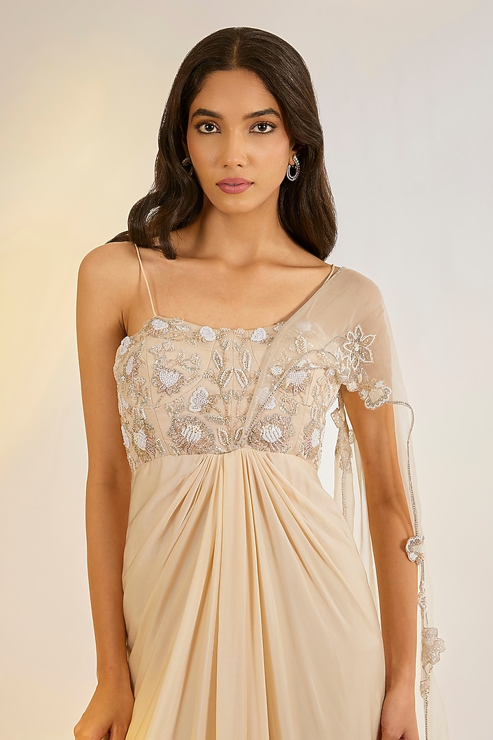 Nude Pink Georgette Satin Glass Bead Hand Embroidered Corset Wedding Gown Saree by Ewoke at Pernia's Pop Up Shop