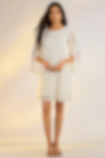 Ivory Georgette Glass Bead Hand Embroidered Mini Vacation Dress by Ewoke at Pernia's Pop Up Shop