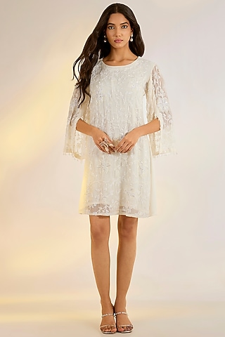 Ivory Georgette Glass Bead Hand Embroidered Mini Dress by Ewoke