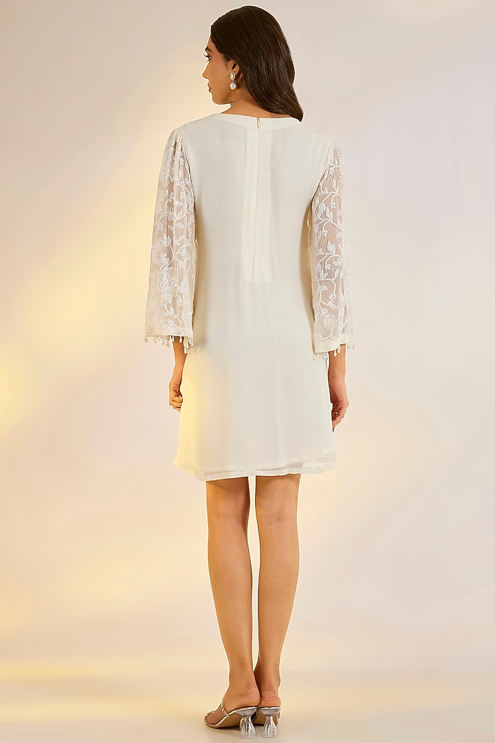 Ivory Georgette Glass Bead Hand Embroidered Mini Vacation Dress by Ewoke at Pernia's Pop Up Shop