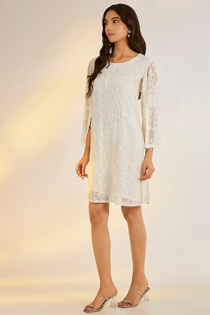 Ivory Georgette Glass Bead Hand Embroidered Mini Vacation Dress by Ewoke at Pernia's Pop Up Shop