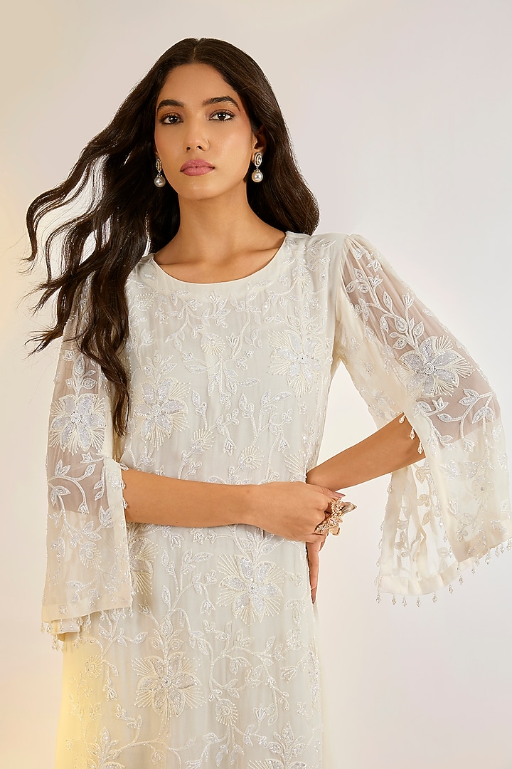 Ivory Georgette Glass Bead Hand Embroidered Mini Vacation Dress by Ewoke at Pernia's Pop Up Shop