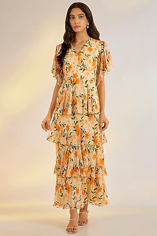Yellow Georgette Floral Digital Printed Dress by Ewoke
