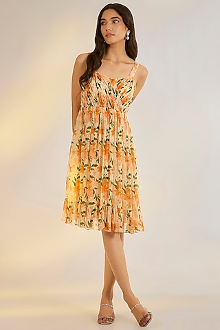 Yellow Georgette Floral Digital Printed Dress by Ewoke