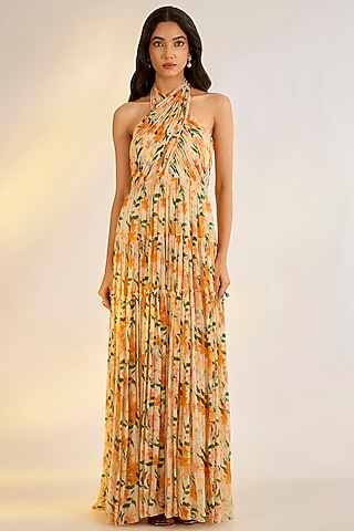 Yellow Georgette Floral Digital Printed Maxi Dress by Ewoke