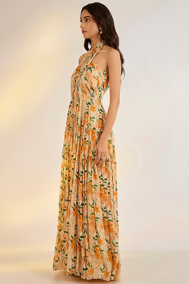 Yellow Georgette Floral Digital Printed Maxi Summer Dress by Ewoke at Pernia's Pop Up Shop