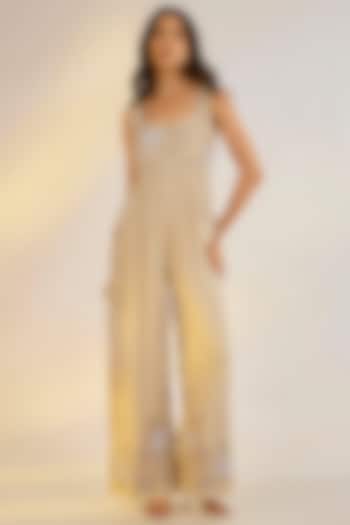 Ivory Georgette Floral Hand Embroidered Jumpsuit by Ewoke at Pernia's Pop Up Shop