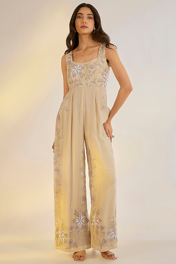 Ivory Georgette Floral Hand Embroidered Jumpsuit by Ewoke at Pernia's Pop Up Shop