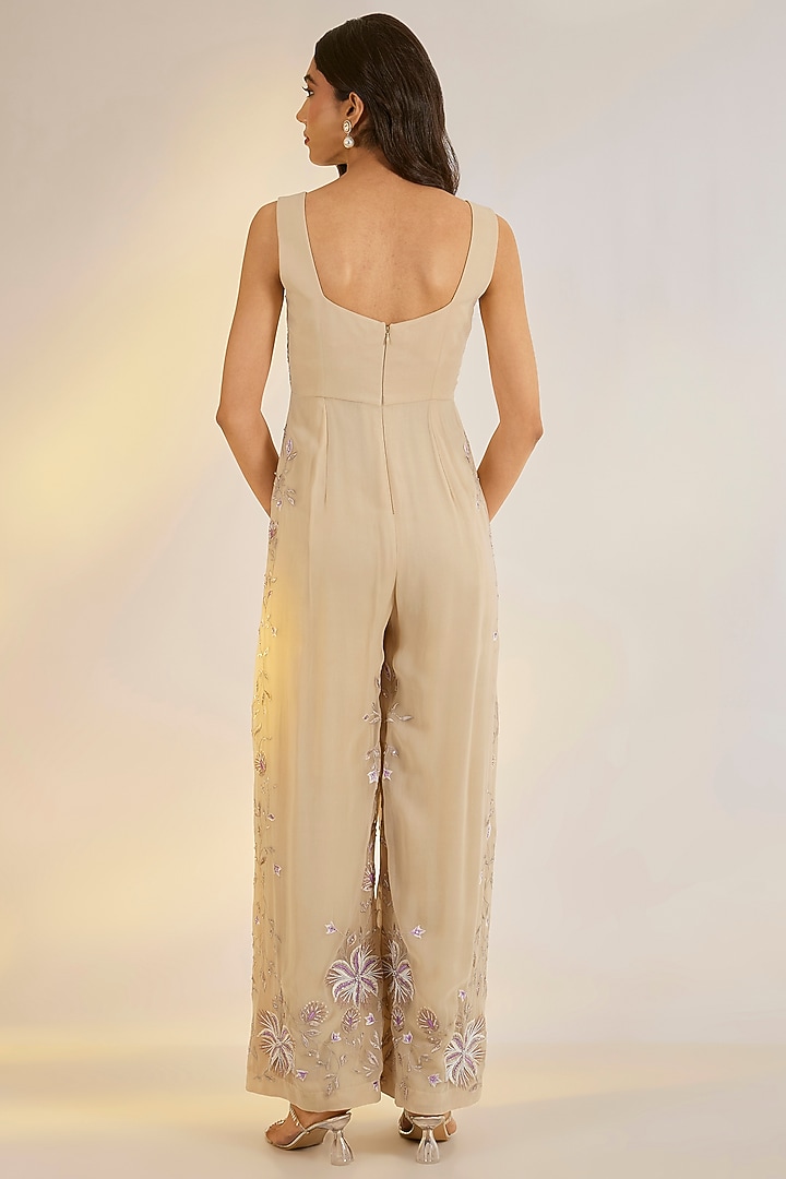 Ivory Georgette Floral Hand Embroidered Jumpsuit by Ewoke at Pernia's Pop Up Shop