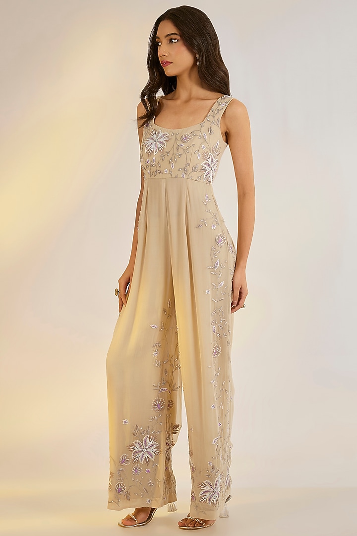 Ivory Georgette Floral Hand Embroidered Jumpsuit by Ewoke at Pernia's Pop Up Shop