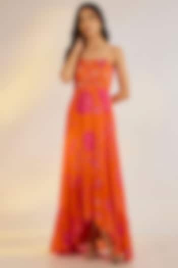 Orange Georgette Satin Digital Printed & Embroidered Ruffled Summer Dress by Ewoke at Pernia's Pop Up Shop