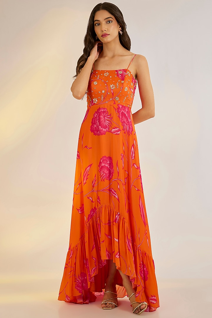 Orange Georgette Satin Digital Printed & Embroidered Ruffled Summer Dress by Ewoke at Pernia's Pop Up Shop