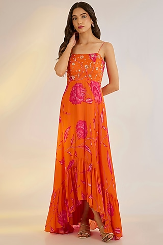 Orange Georgette Satin Digital Printed & Embroidered Ruffled Dress by Ewoke