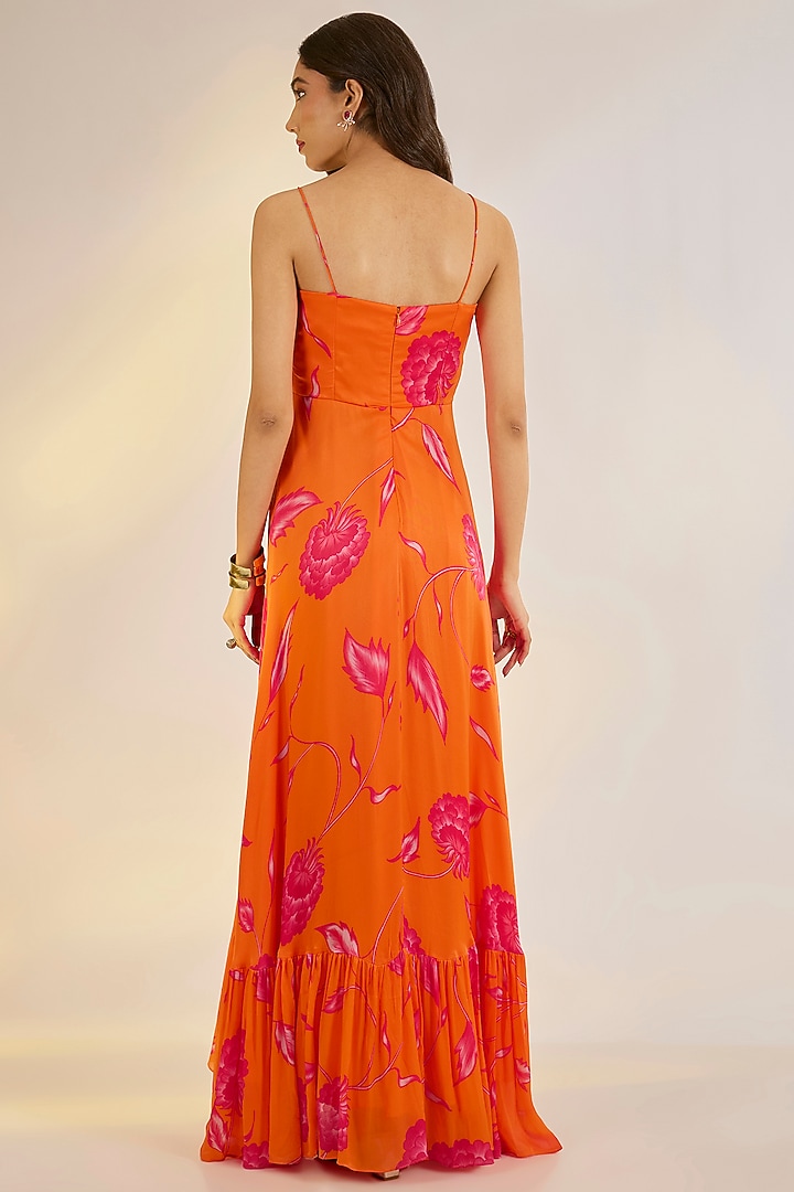 Orange Georgette Satin Digital Printed & Embroidered Ruffled Summer Dress by Ewoke at Pernia's Pop Up Shop