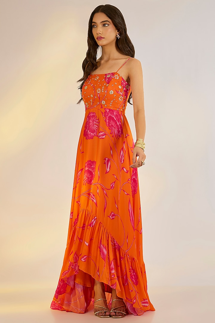 Orange Georgette Satin Digital Printed & Embroidered Ruffled Summer Dress by Ewoke at Pernia's Pop Up Shop