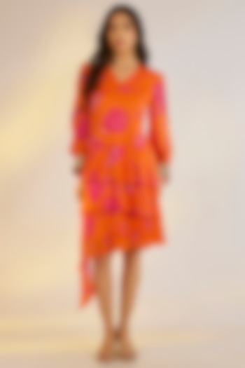 Orange Georgette Satin Digital Printed & Embellished Mini Summer Dress by Ewoke at Pernia's Pop Up Shop