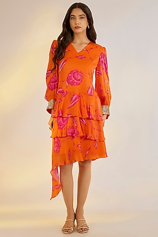 Orange Georgette Satin Digital Printed & Embellished Mini Dress by Ewoke