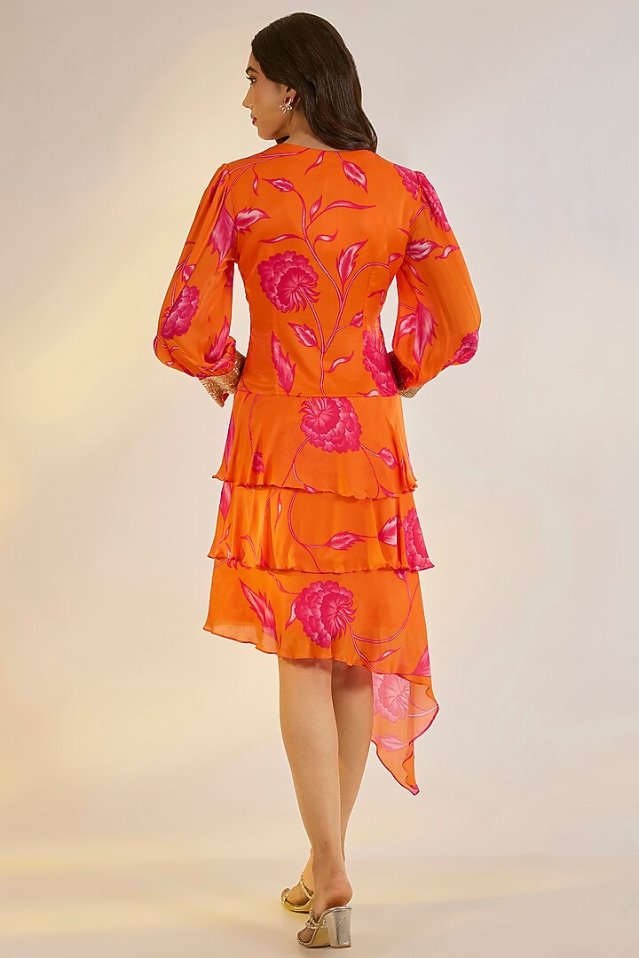 Orange Georgette Satin Digital Printed & Embellished Mini Summer Dress by Ewoke at Pernia's Pop Up Shop