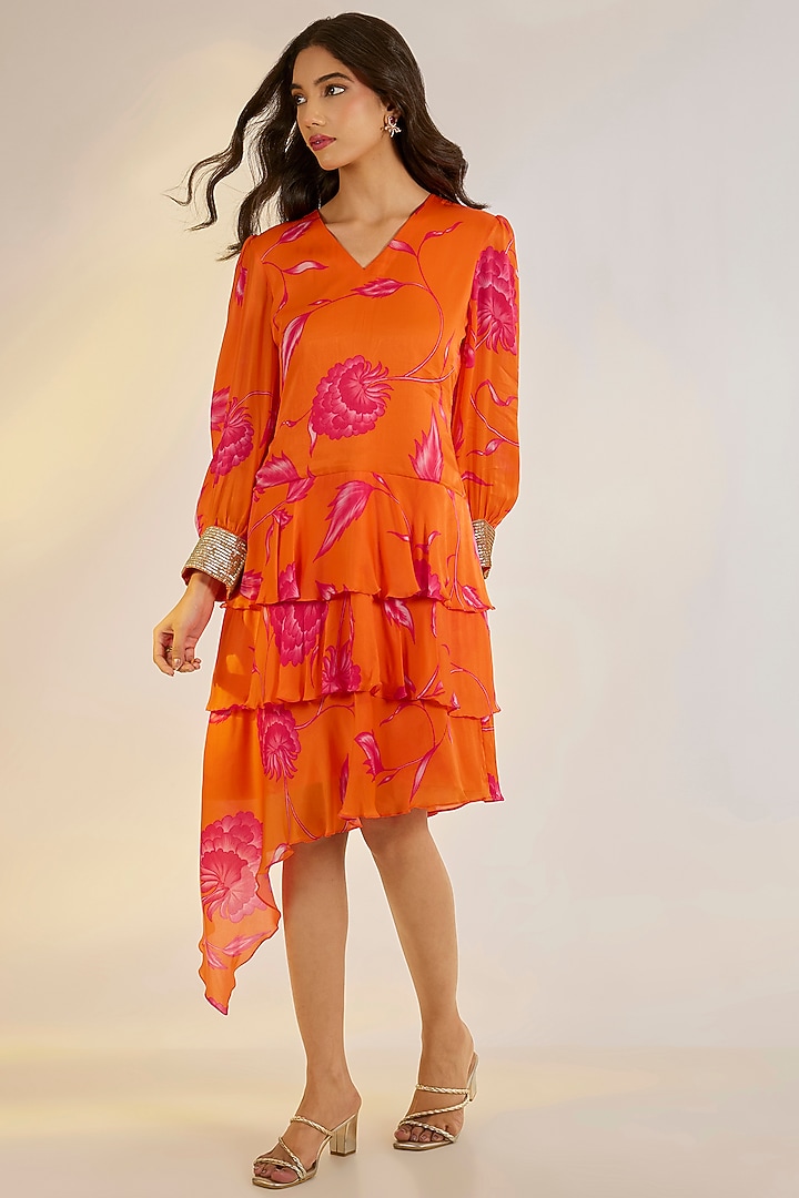 Orange Georgette Satin Digital Printed & Embellished Mini Summer Dress by Ewoke at Pernia's Pop Up Shop