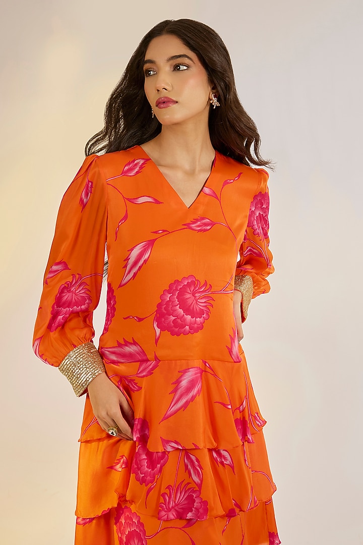 Orange Georgette Satin Digital Printed & Embellished Mini Summer Dress by Ewoke at Pernia's Pop Up Shop