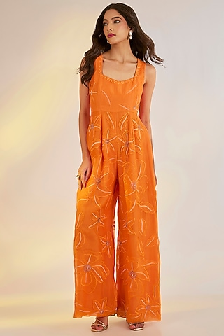 Orange Organza Thread Embroidered Jumpsuit by Ewoke