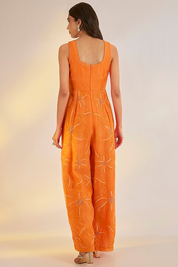 Orange Organza Thread Embroidered Jumpsuit by Ewoke at Pernia's Pop Up Shop