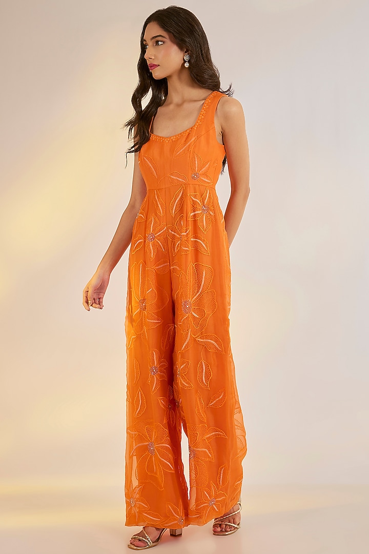Orange Organza Thread Embroidered Jumpsuit by Ewoke at Pernia's Pop Up Shop