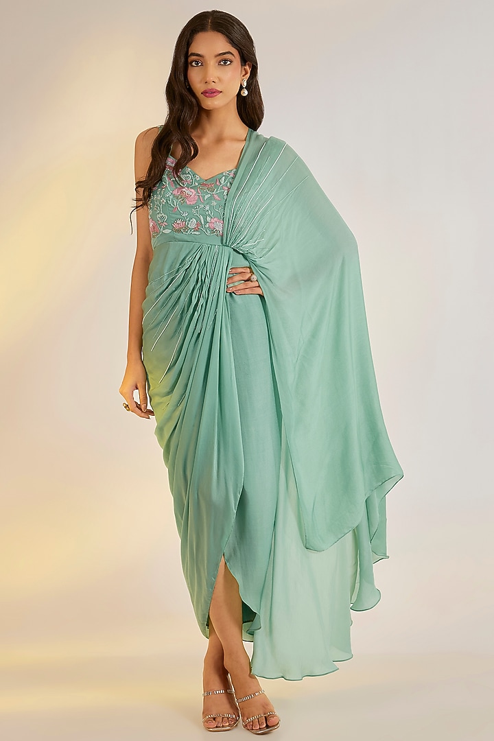 Sage Green Georgette Satin Hand Embroidered Draped Party Wear Gown Saree by Ewoke at Pernia's Pop Up Shop