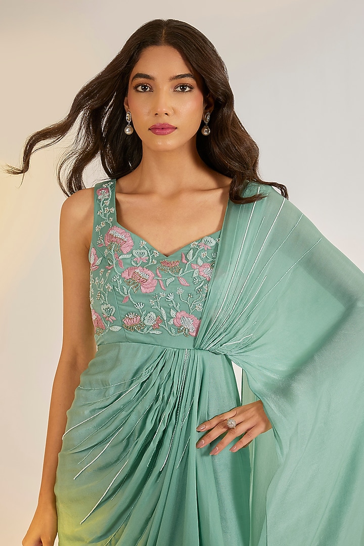 Sage Green Georgette Satin Hand Embroidered Draped Party Wear Gown Saree by Ewoke at Pernia's Pop Up Shop