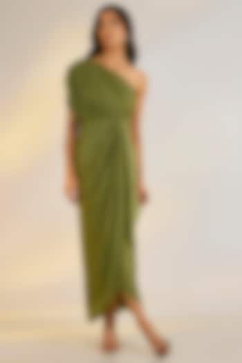 Sage Green Georgette Satin Hand Embroidered Draped Summer Dress by Ewoke at Pernia's Pop Up Shop