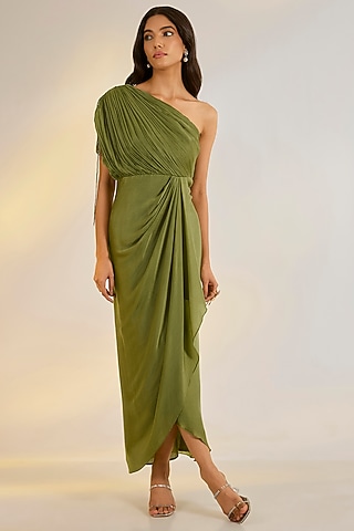 Sage Green Georgette Satin Hand Embroidered Draped Dress by Ewoke