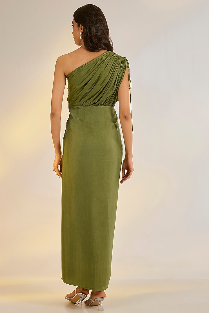 Sage Green Georgette Satin Hand Embroidered Draped Summer Dress by Ewoke at Pernia's Pop Up Shop