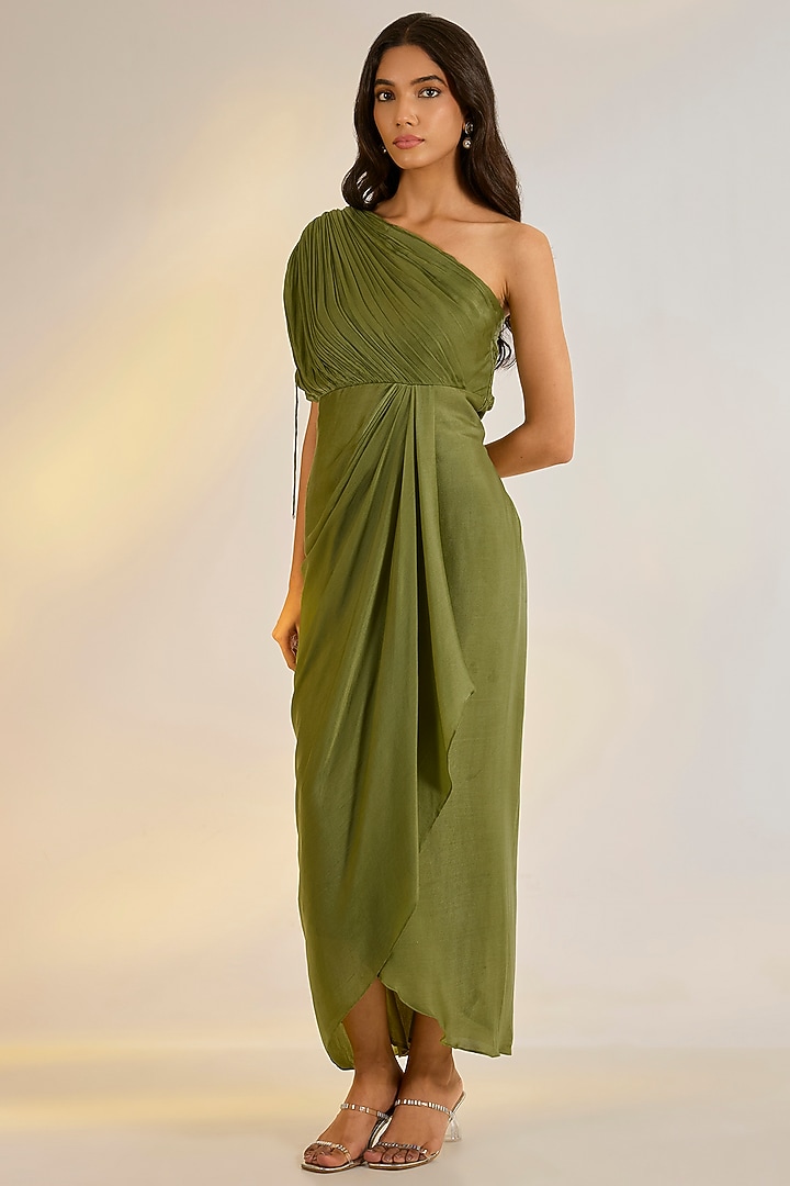 Sage Green Georgette Satin Hand Embroidered Draped Summer Dress by Ewoke at Pernia's Pop Up Shop