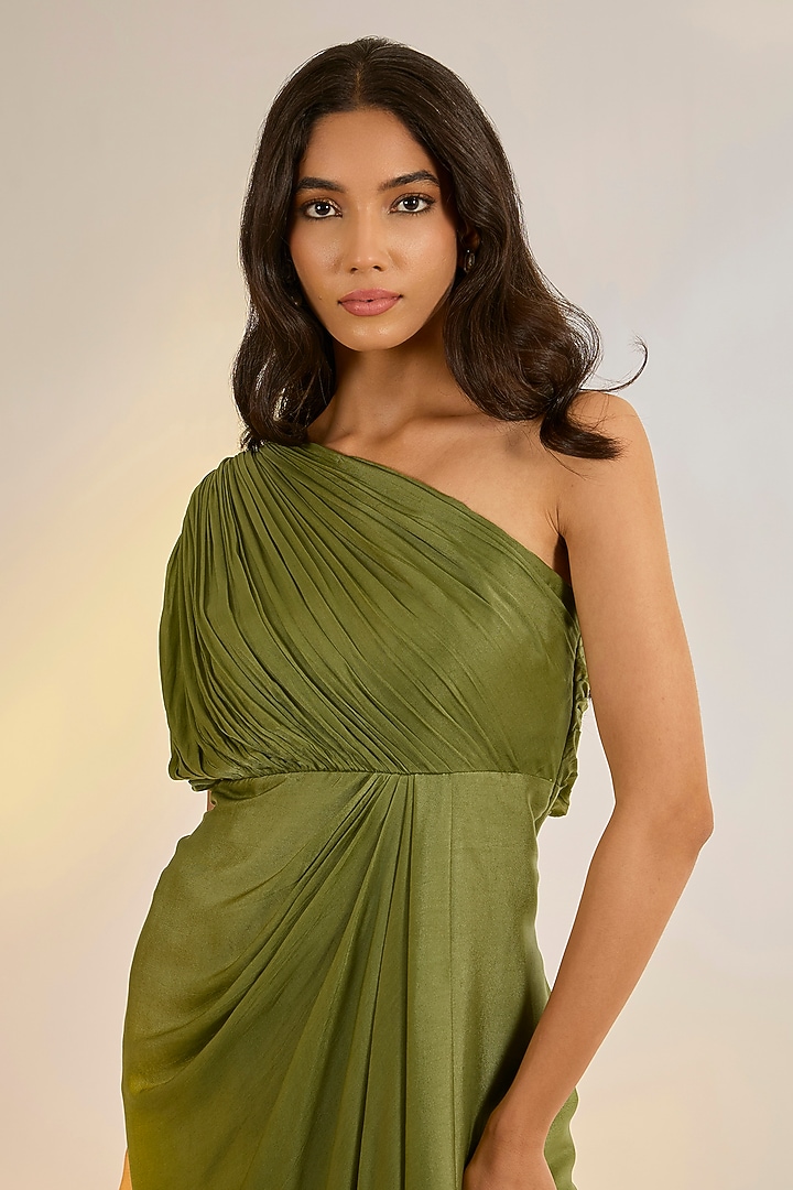 Sage Green Georgette Satin Hand Embroidered Draped Summer Dress by Ewoke at Pernia's Pop Up Shop