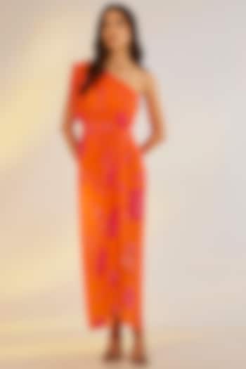 Orange Georgette Satin Digital Printed One-Shoulder Draped Summer Dress by Ewoke at Pernia's Pop Up Shop