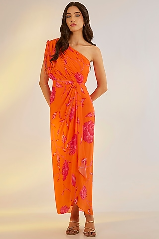 Orange Georgette Satin Digital Printed One-Shoulder Draped Dress by Ewoke