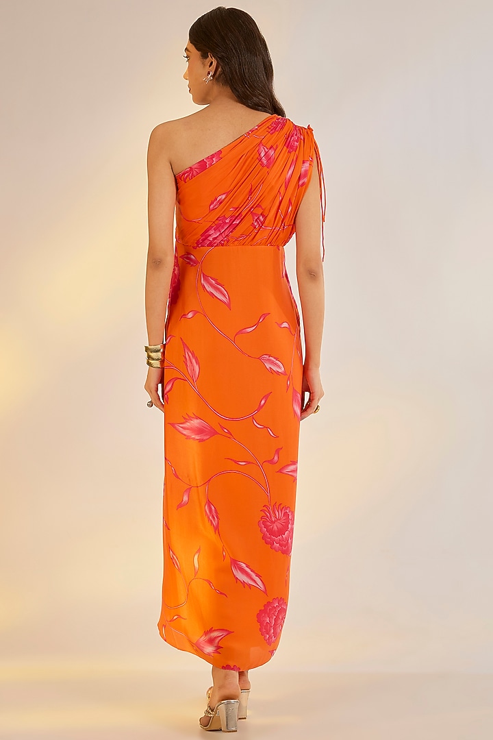 Orange Georgette Satin Digital Printed One-Shoulder Draped Summer Dress by Ewoke at Pernia's Pop Up Shop