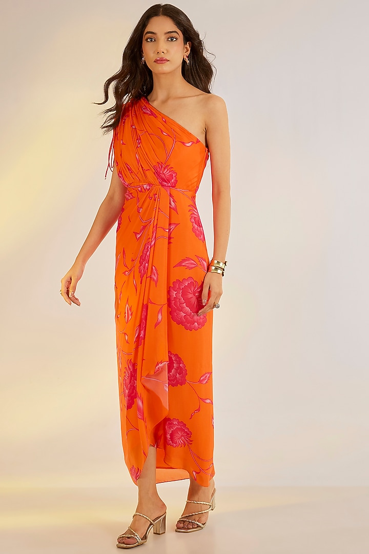 Orange Georgette Satin Digital Printed One-Shoulder Draped Summer Dress by Ewoke at Pernia's Pop Up Shop