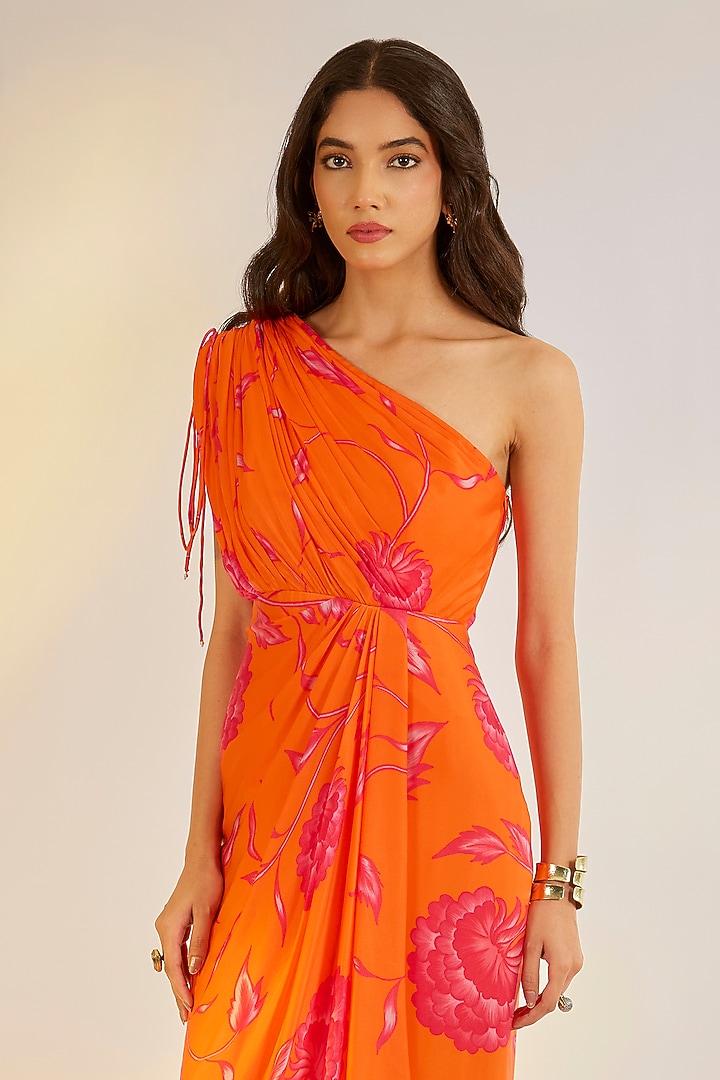 Orange Georgette Satin Digital Printed One-Shoulder Draped Summer Dress by Ewoke at Pernia's Pop Up Shop