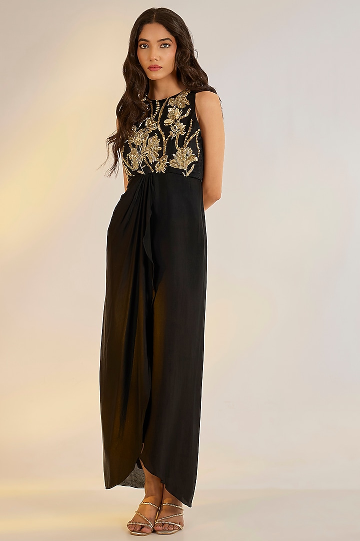 Black Georgette Satin Floral Embroidered Summer Dress by Ewoke at Pernia's Pop Up Shop