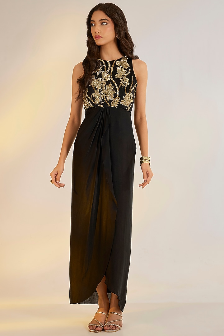 Black Georgette Satin Floral Embroidered Summer Dress by Ewoke at Pernia's Pop Up Shop