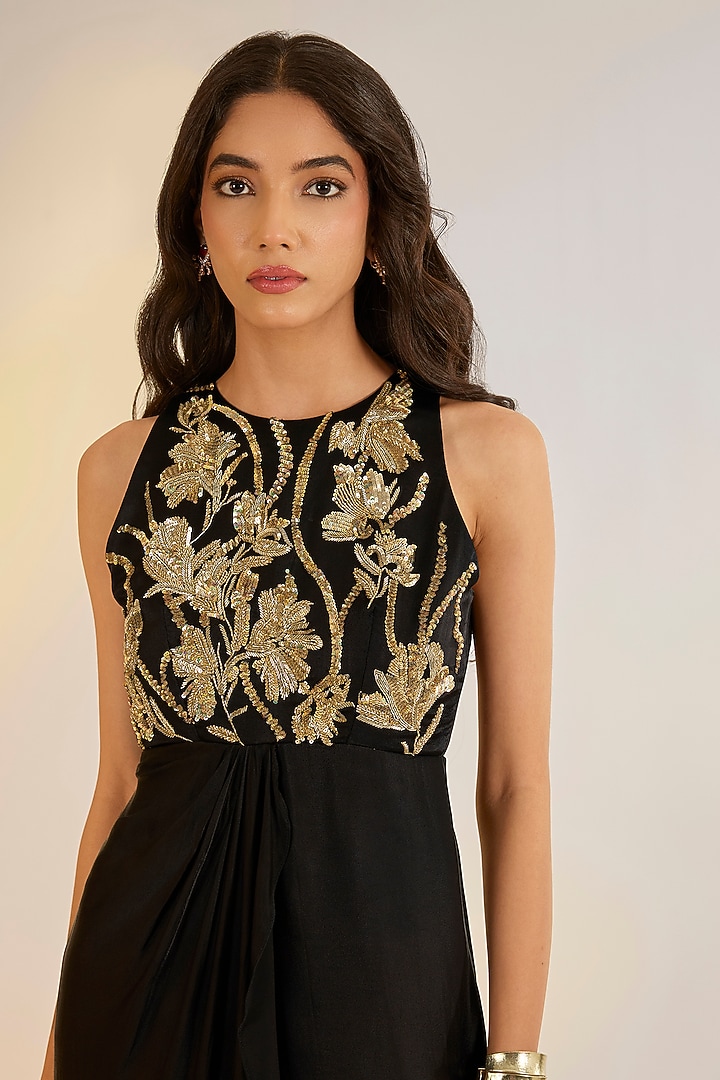Black Georgette Satin Floral Embroidered Summer Dress by Ewoke at Pernia's Pop Up Shop
