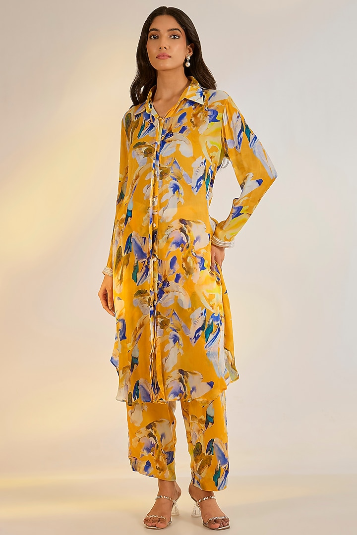 Yellow Chiffon Satin Digital Printed Co-Ord Set by Ewoke at Pernia's Pop Up Shop